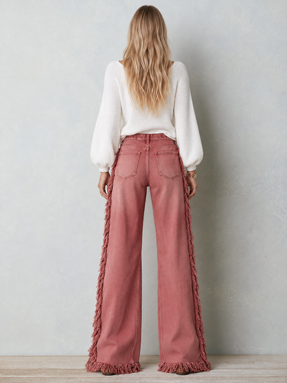 Retro Western Star Patch Fringe Wide Leg Women&