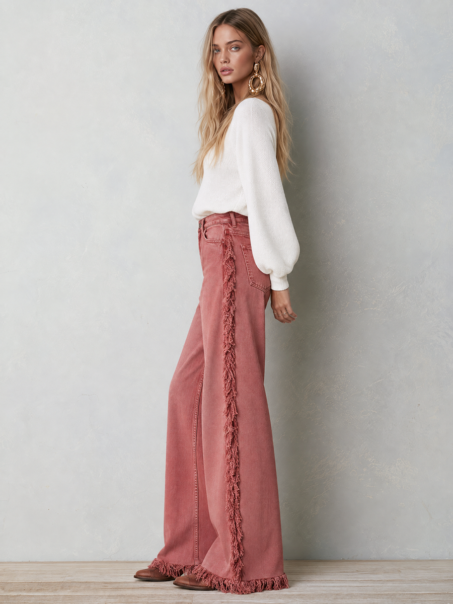 Retro Western Star Patch Fringe Wide Leg Women&