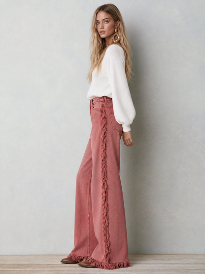 Retro Western Star Patch Fringe Wide Leg Women&