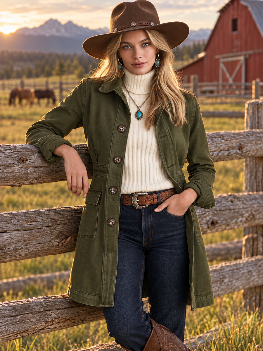 Vintage Military Olive Button Longline Utility Womens Coat