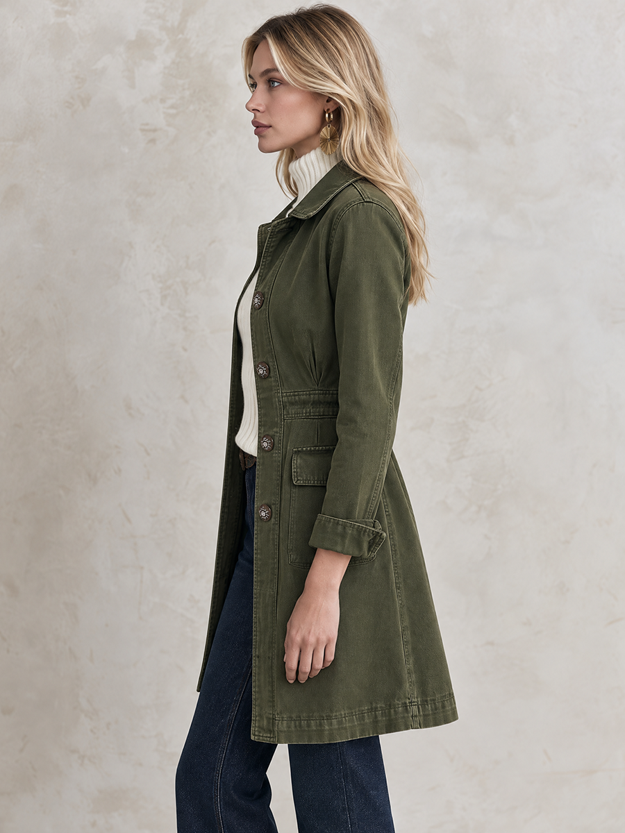 Vintage Military Olive Button Longline Utility Womens Coat
