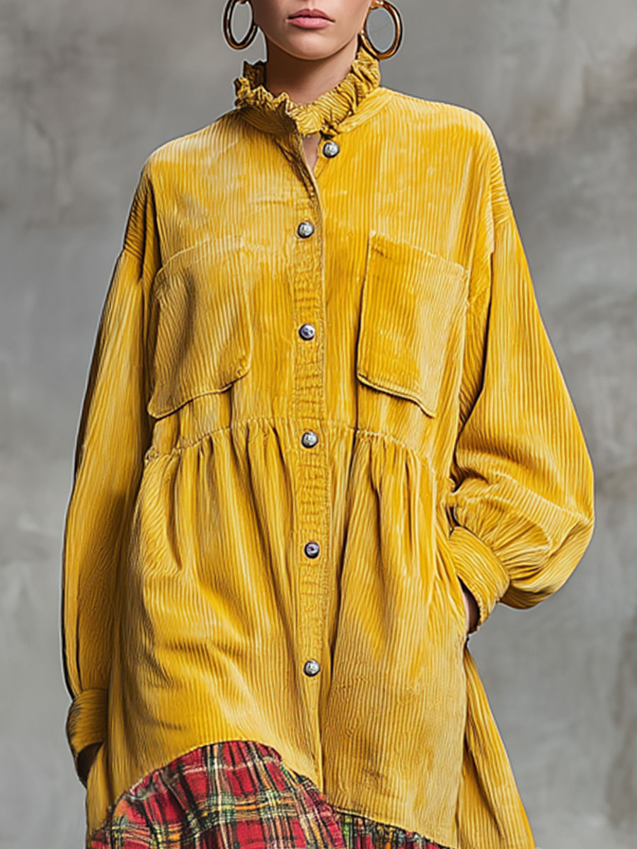 Fashionable Retro Plaid Floral Yellow Corduroy Long-sleeved Midi Dress