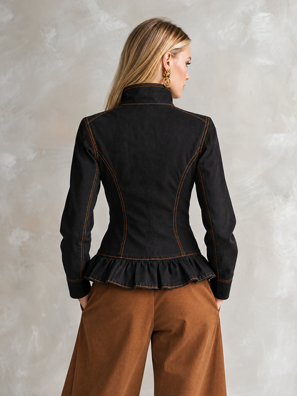 Black Zip Front Peplum Jacket With Contrast Stitching
