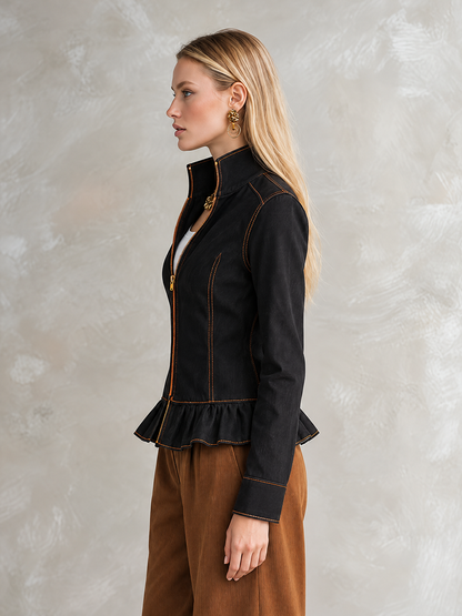 Black Zip Front Peplum Jacket With Contrast Stitching