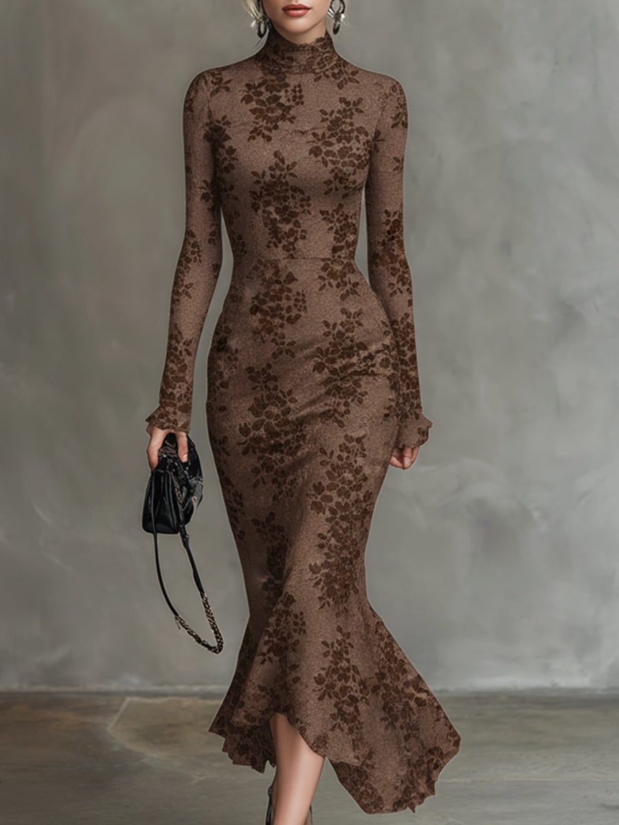 Elegant Brown 3D Floral Elastic Lace Fishtail Maxi Dress