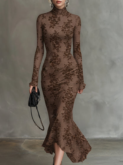 Elegant Brown 3D Floral Elastic Lace Fishtail Maxi Dress