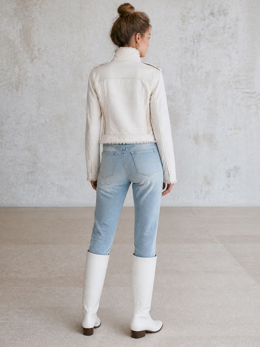 Casual Retro Frayed Off-white Denim Military Style Jacket