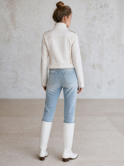 Casual Retro Frayed Off-white Denim Military Style Jacket