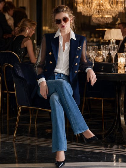 Simple And Stylish Navy Blue Chiffon Sleeve Blazer