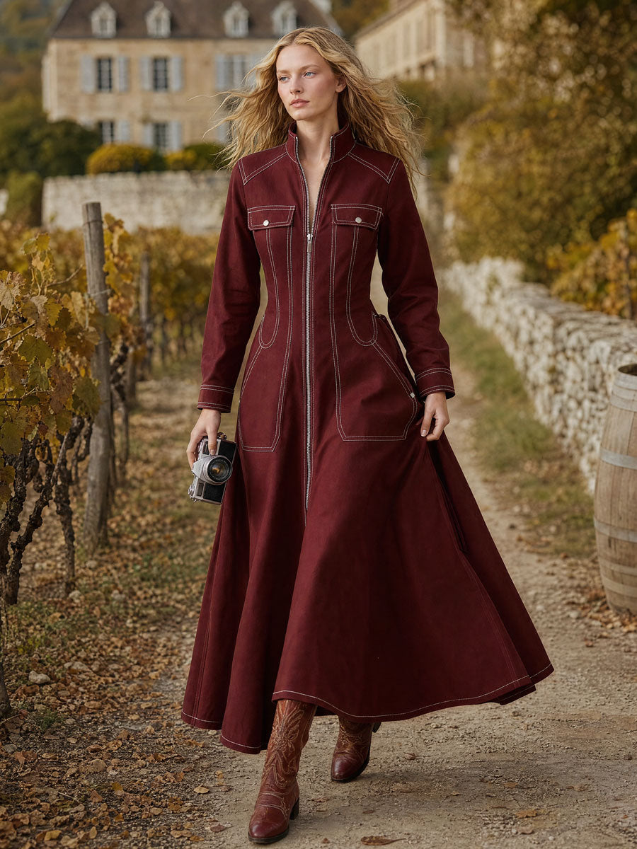 Vintage Burgundy Stand-up Collar Zipper Cotton Maxi Dress