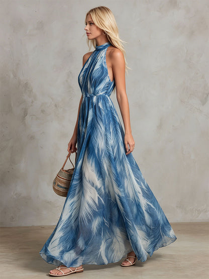 Retro Elegant Feather Print Blue Sleeveless Chiffon Maxi Dress