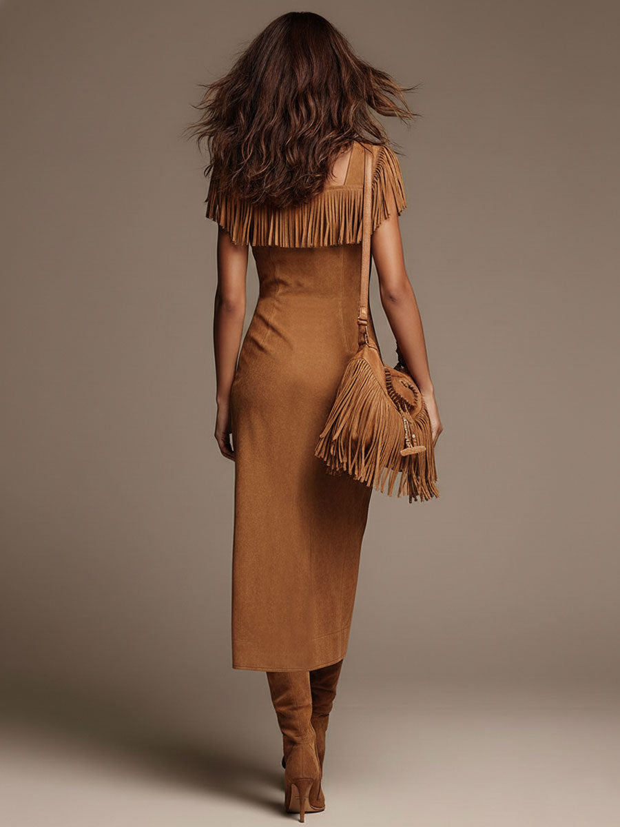 Western Retro Light Brown Faux Suede Slit Tassel Short-Sleeve Midi Dress