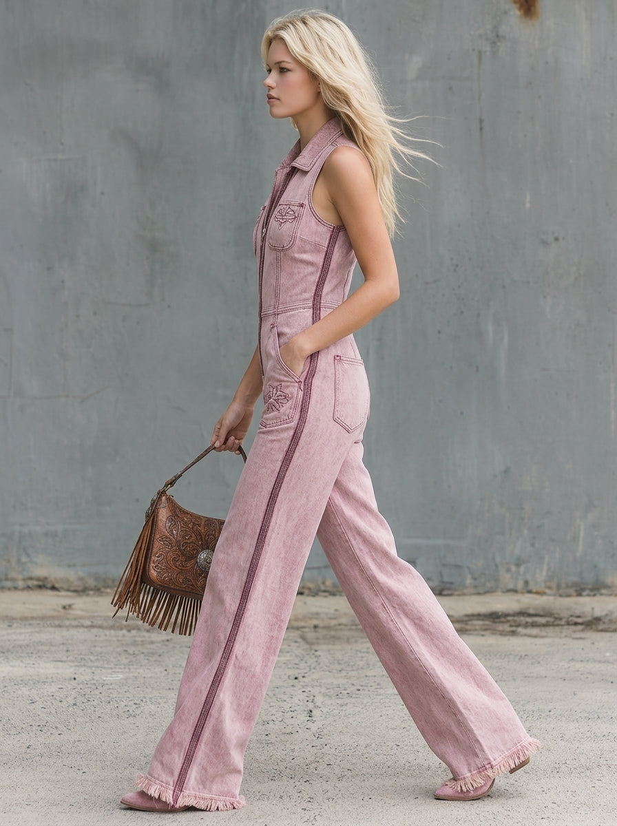 Nude-pink Washed Distressed Denim Jumpsuit Featuring A Lapel Deep V-neck And Off-the-shoulder Design Complete With Puff Sleeves And A Front Zipper
