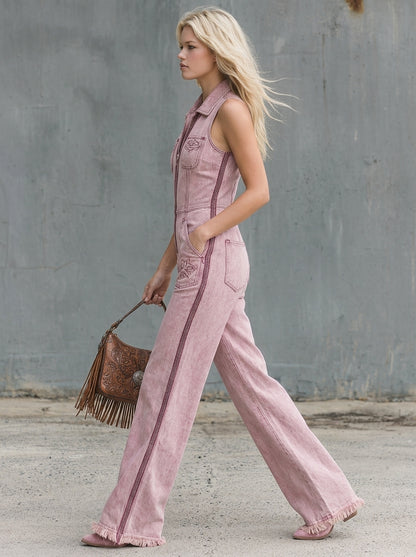Nude-pink Washed Distressed Denim Jumpsuit Featuring A Lapel Deep V-neck And Off-the-shoulder Design Complete With Puff Sleeves And A Front Zipper