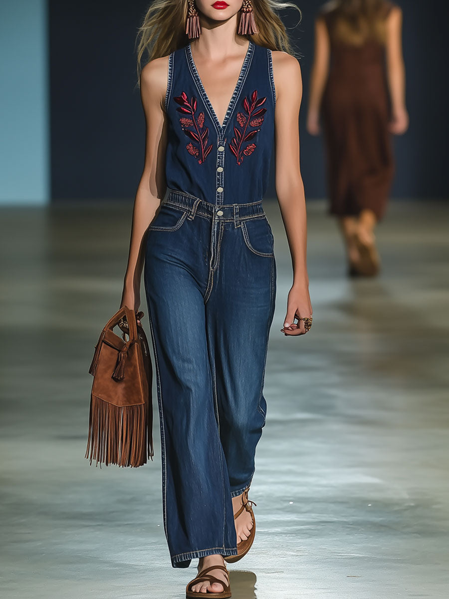 Casual Loose Retro Sleeveless Leaf Embroidery Denim Wide Leg Jumpsuit