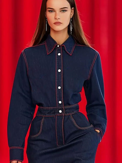 Casual Vintage Red Topstitching Blue Denim Shirt Long Sleeve Mini Dress