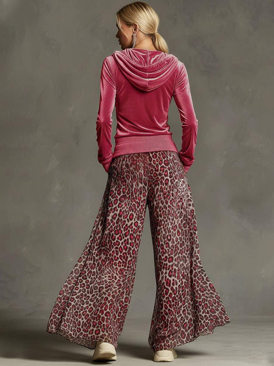 Casual Retro Pink Fleece Hooded Top And Chiffon Leopard Print Wide-leg Pants Set