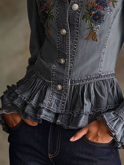 Casual Retro Floral Embroidered Ruffled Gray-blue Denim Jacket