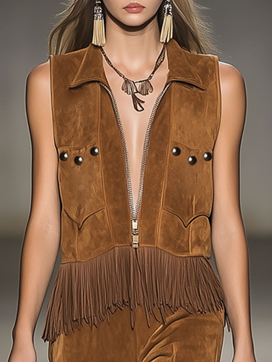 Casual Loose Vintage Caramel Suede Rivet Tassel Zipper Pocket Vest