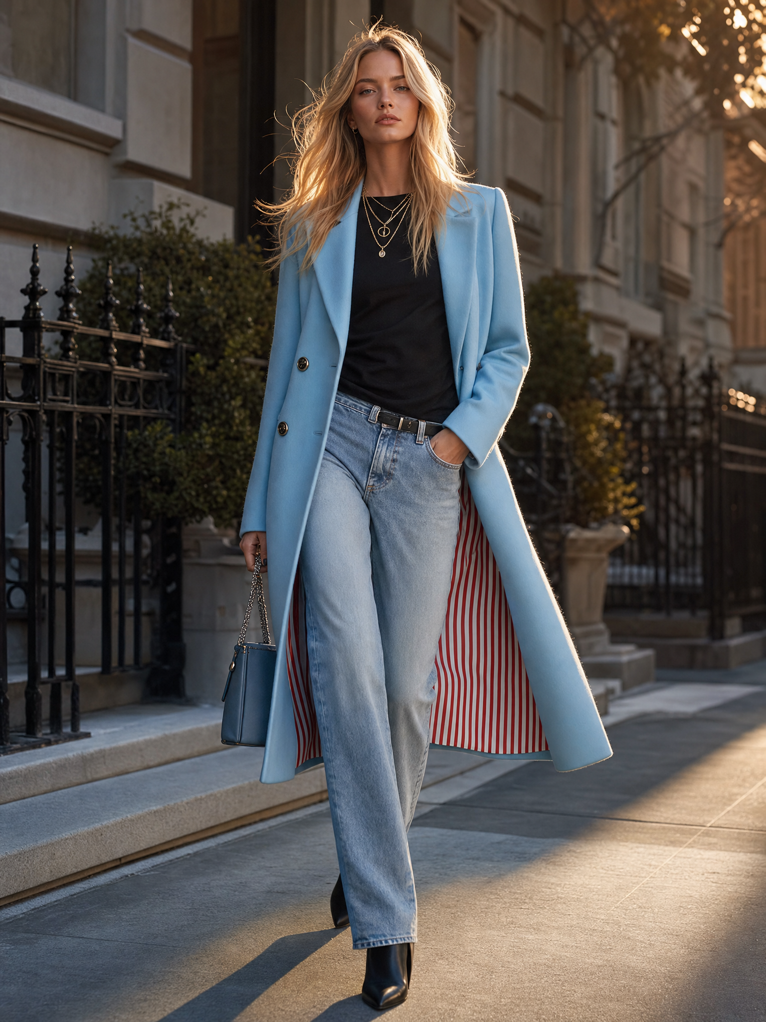 Elegant Classic Lapel Double-breasted Style With Striped Lining Mid-to-long Tweed Coat