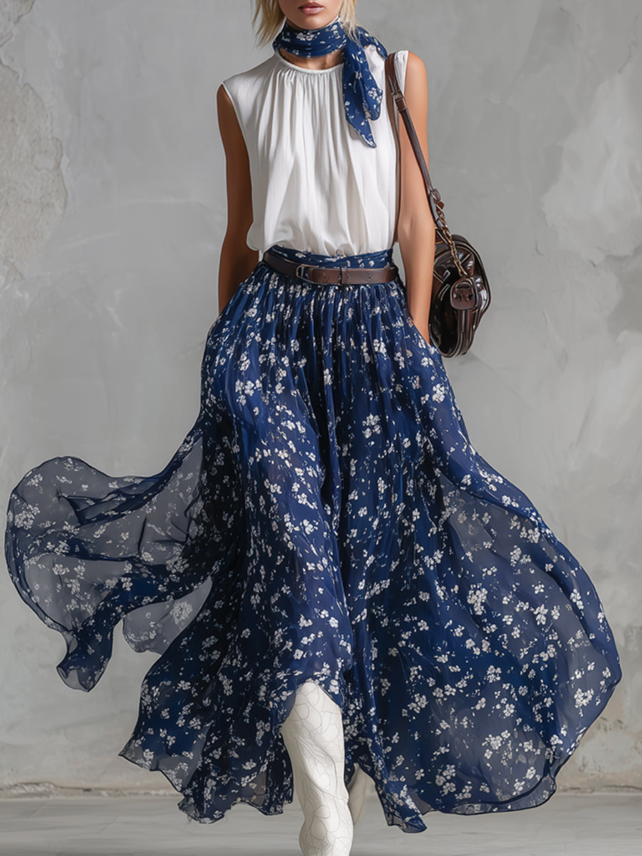 Classic White Sleeveless Top &amp; Blue Floral Silk Scarf-Print Chiffon Skirt Set