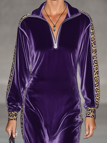 Stylish Purple Loose-fitting Zippered Leopard Print Maxi Dress