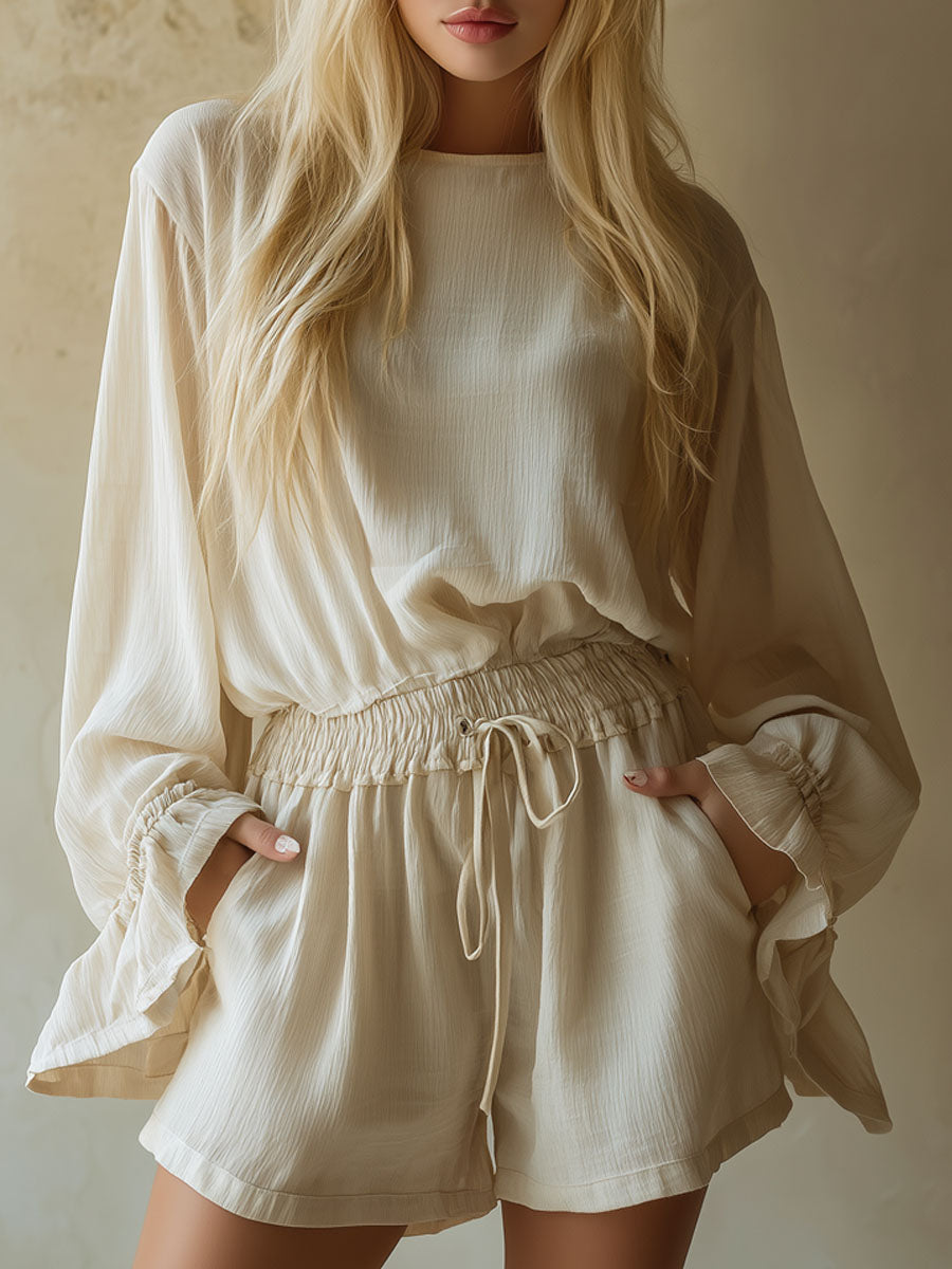 Loose-fitting Solid-colored Round-neck Long-sleeved Top And Shorts Chiffon Set