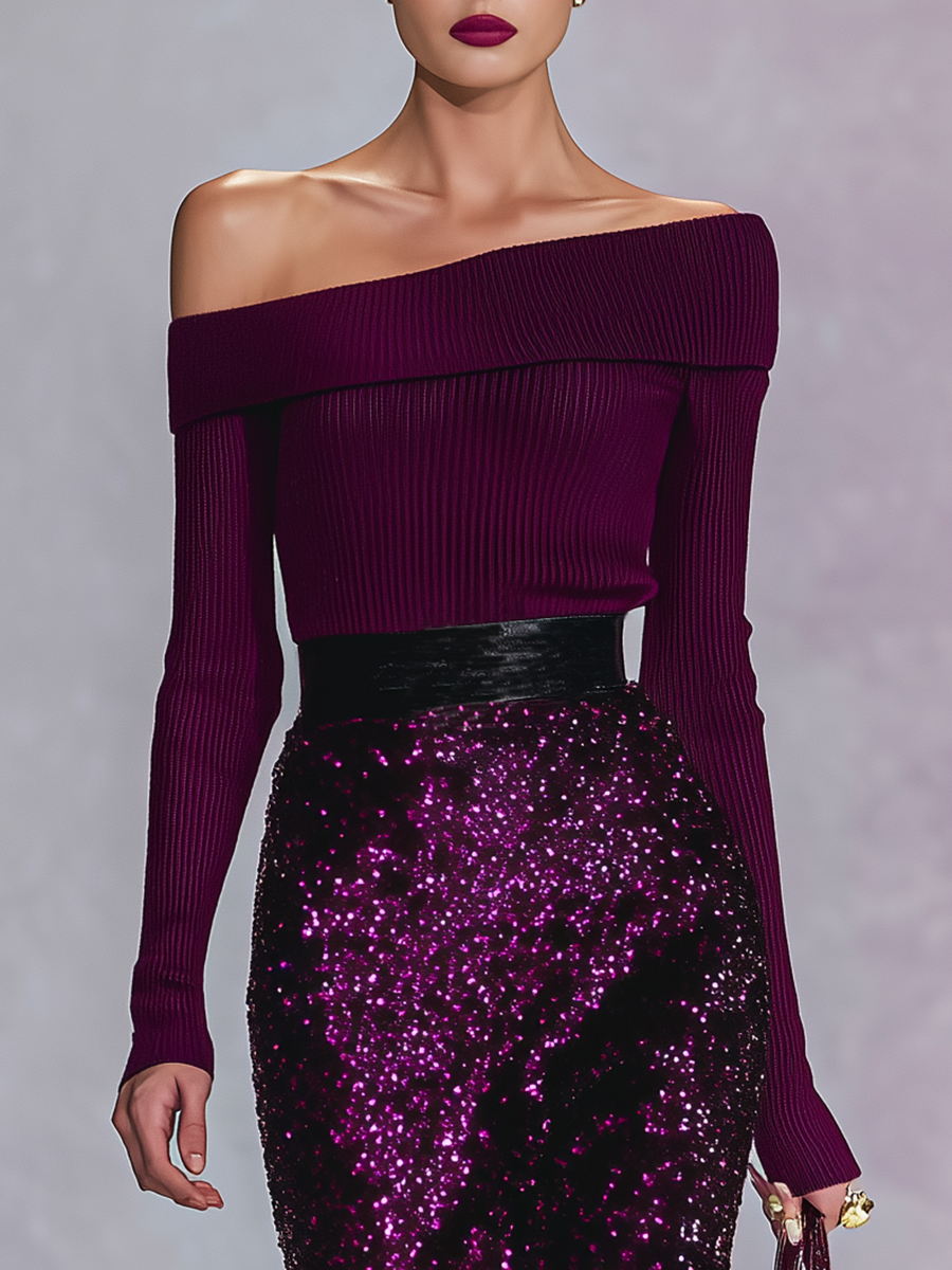 Elegant Sexy Off-shoulder Knit Ribbed Sequined Midi Dress