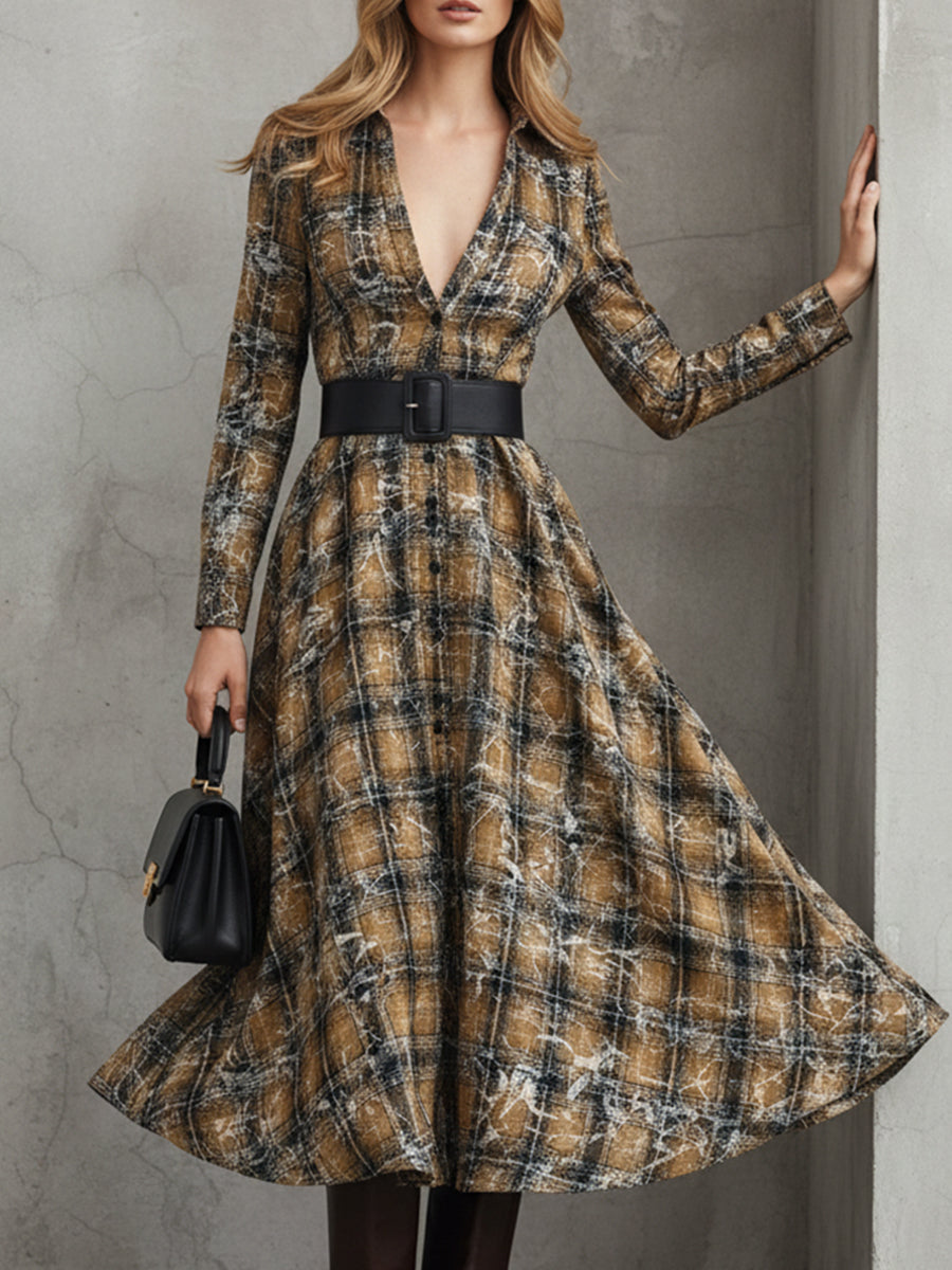Retro Yellow And Black Printed Plaid Lapel Maxi Dress