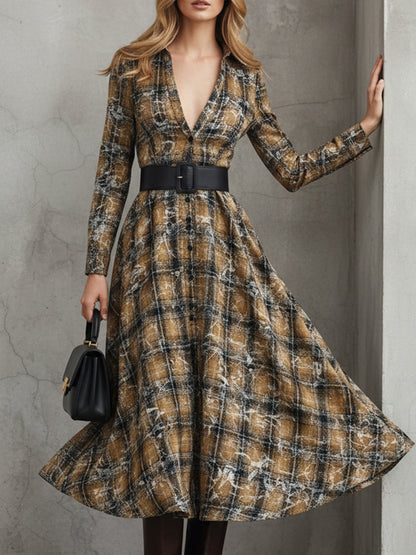 Retro Yellow And Black Printed Plaid Lapel Maxi Dress