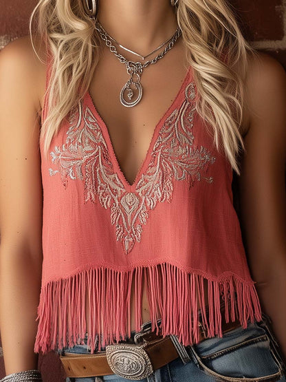 Fashion Western Embroidery Pink Short Fringe Vest