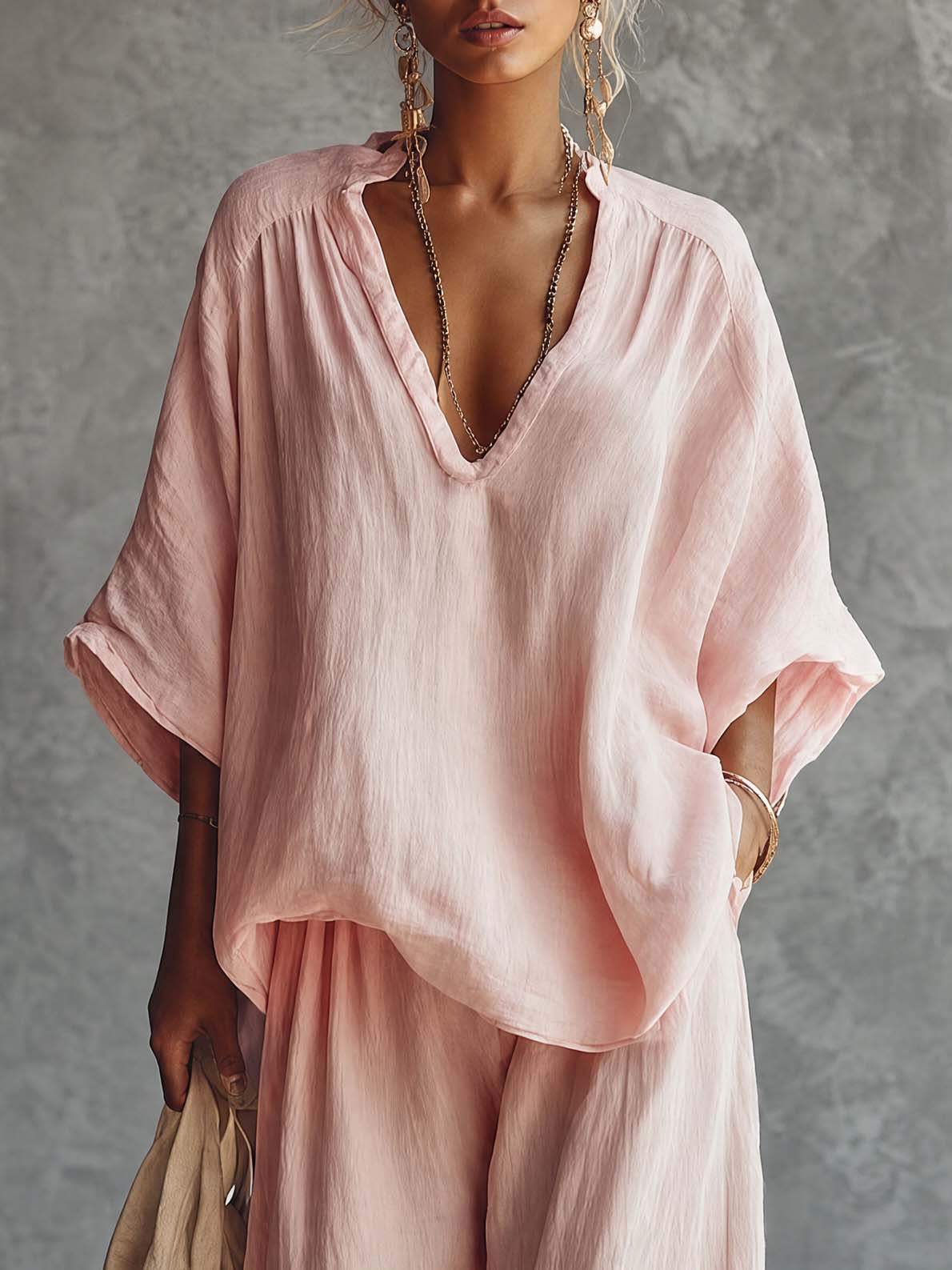 Casual Urban Bohemian Style V-neck Pink Cotton Blouse And Pants Set
