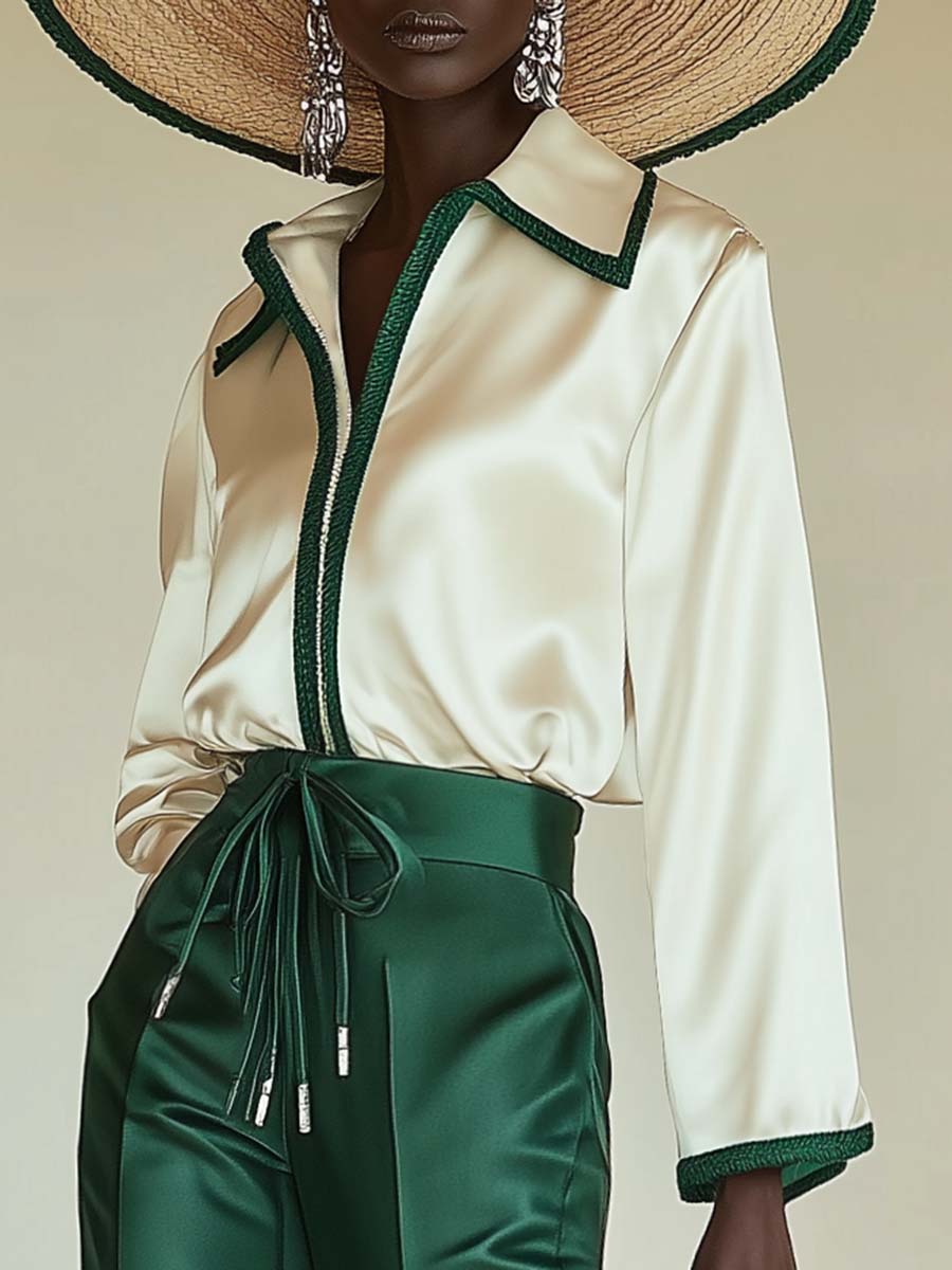 Elegant and Stylish Light Satin Off-white Top and Green Trousers Set