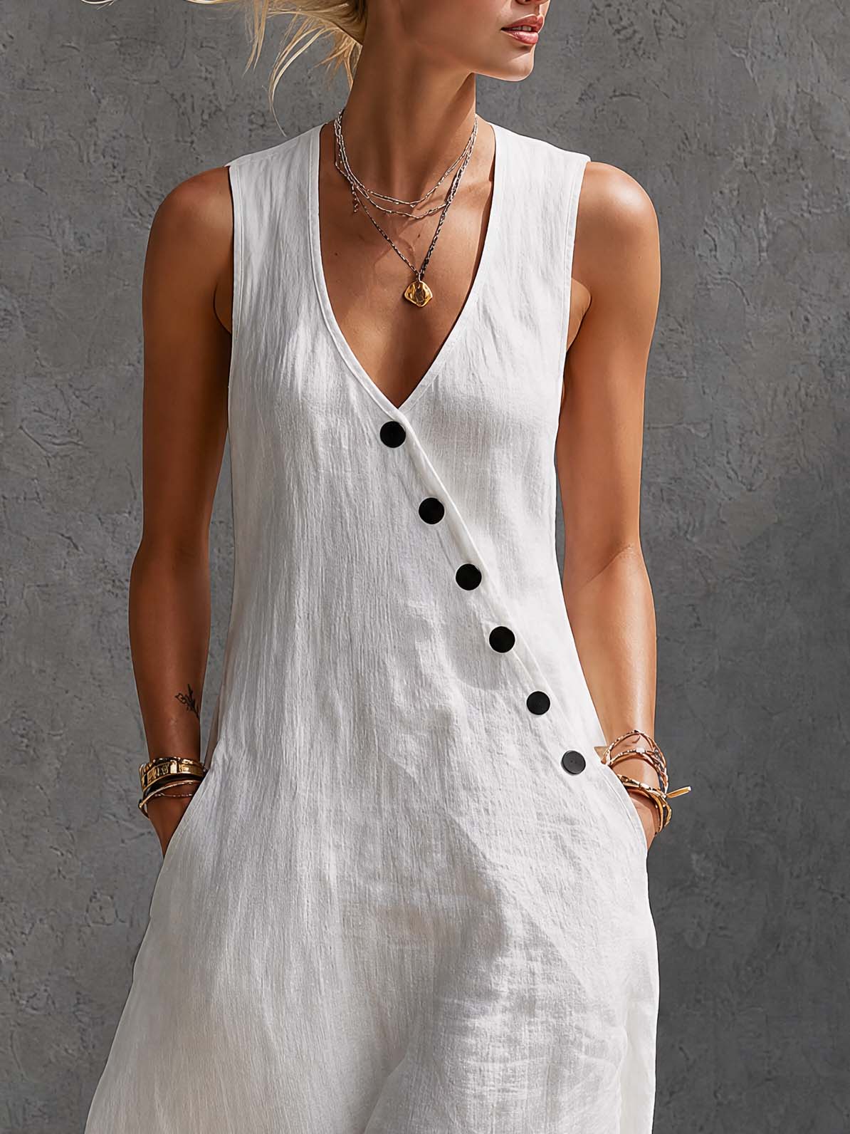 Stylish Simple Loose-fitting Sleeveless V-neck Diagonally Buttoned Cotton White Maxi Dress