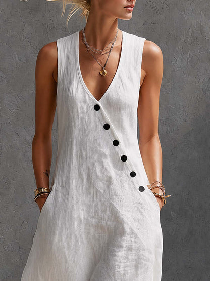 Stylish Simple Loose-fitting Sleeveless V-neck Diagonally Buttoned Cotton White Maxi Dress