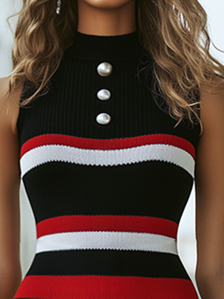 Elegant And Fashionable Black And Red Contrast Sleeveless Knitted Mini Dress