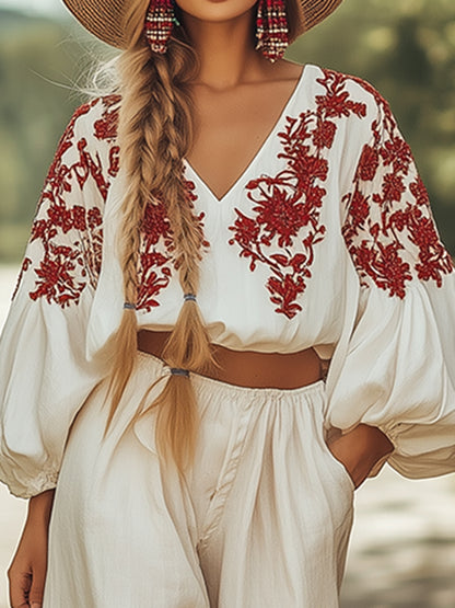 Elegant And Fashionable Bohemian Embroidered Flower Wide-Leg Pants Set