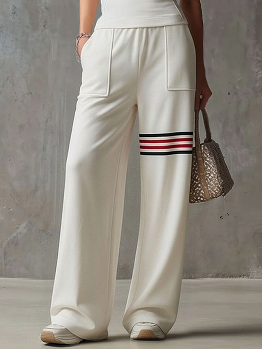 Sporty Retro White Striped Embroidered Sleeveless Vest And Wide-Leg Pants Set