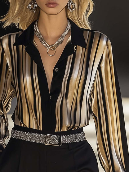 Elegant and Stylish Black and Gold Stripe Printed Satin Shirt