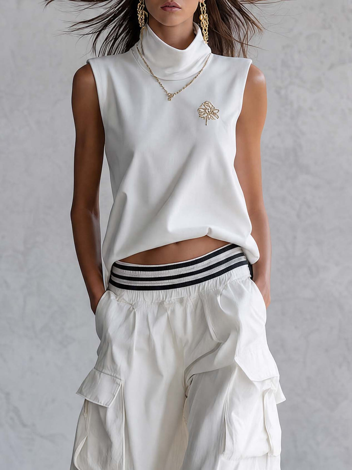 Exquisite Fashion Athletic Workwear Style White Cotton Sleeveless Top With A Mock Neck And  Pants Set
