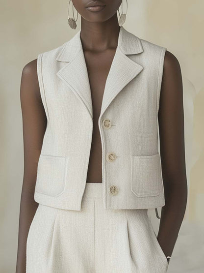 Elegant Light Off-White Linen Sleeveless Jacket and Pants Set