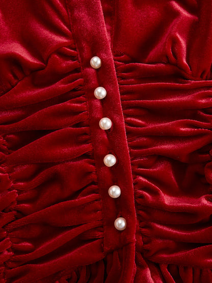 Fashionable Retro Red Velvet Pleated Ruffled Long-sleeved Shirt