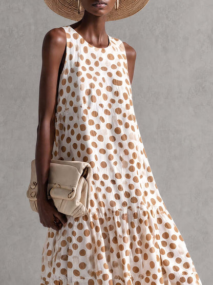 Fashionable Sophisticated Elegant Round Neck Sleeveless Polka Dot Printed Off-white Chiffon Vacation Maxi Dress