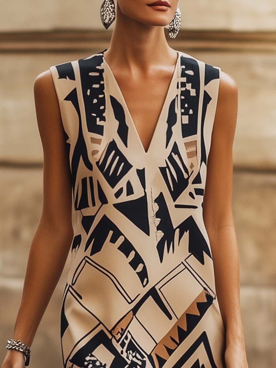 Fashionable V-neck Sleeveless Geometric Print Tassel Beige Midi Dress