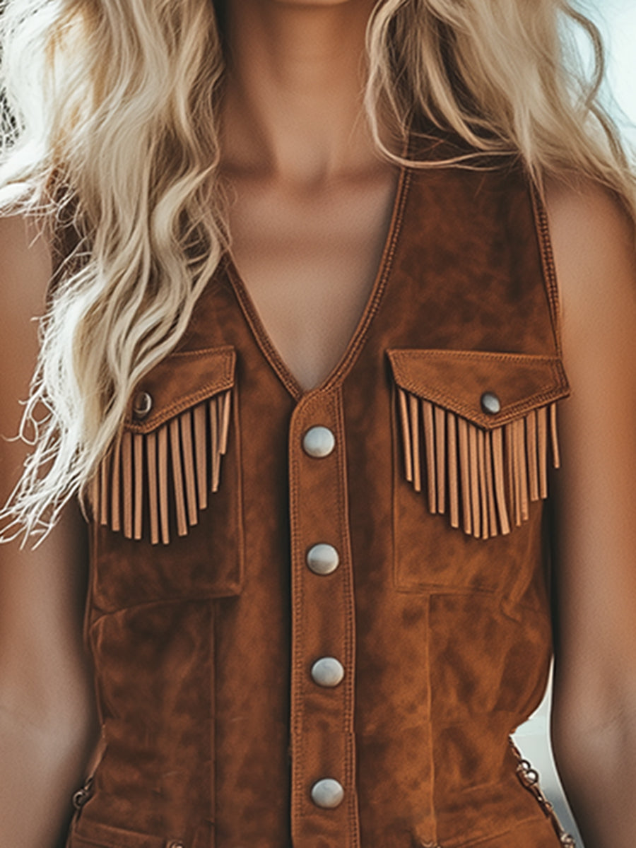 Vintage Western Tassel Brown Suede Vest Shorts Jumpsuit