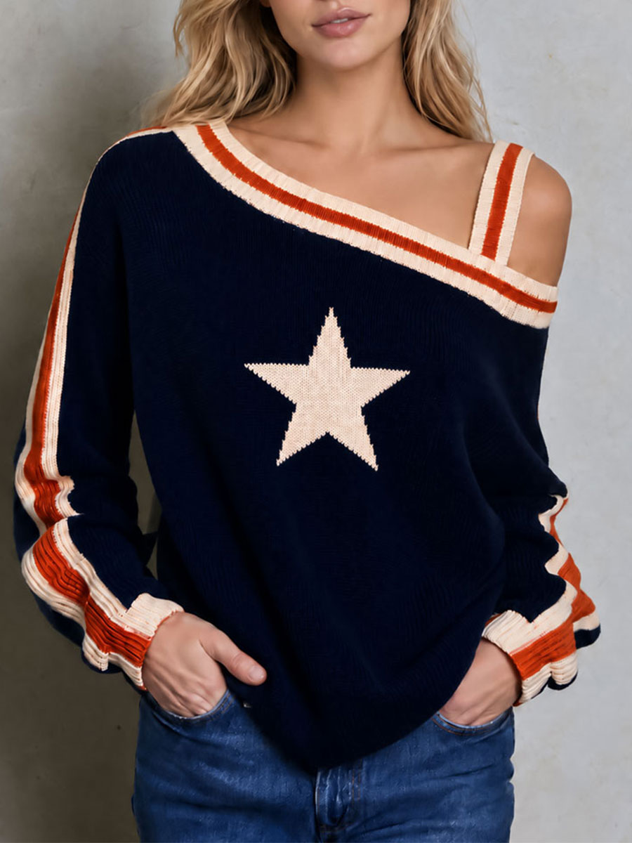 Casual Retro Navy Blue One-shoulder Color-blocked Five-pointed Star Sweater