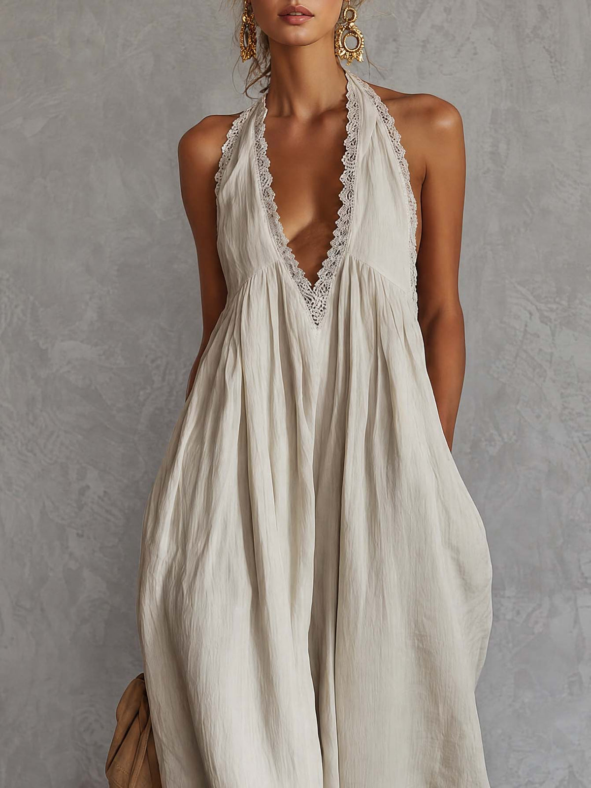 Retro Urban Bohemian V-neck Lace Trim Sleeveless Off-white Cotton Maxi Dress