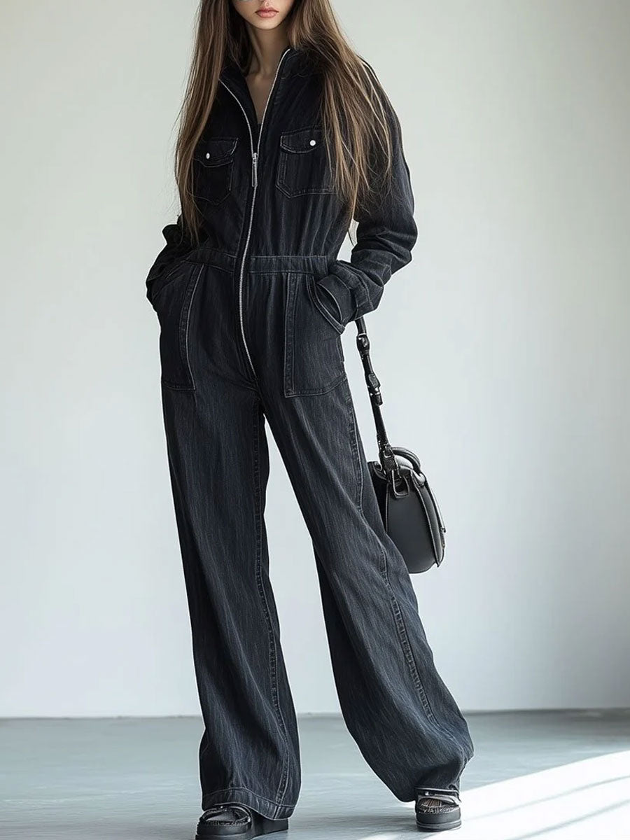 Casual Loose Retro Denim Zipper Elastic Waist Multi-Pocket Long Sleeve Jumpsuit