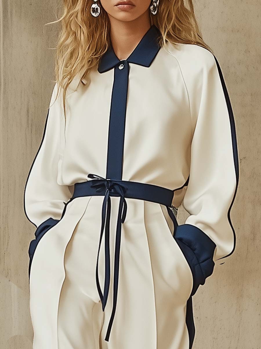 Smart Casual Shirt-style Navy Blue Trim White Jumpsuit