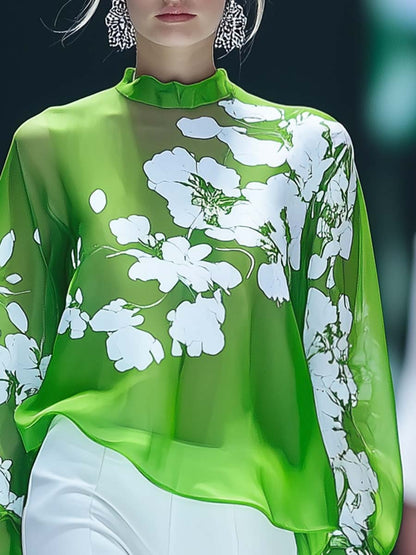 Elegant and Light Half-high Collar Floral Print Green Blouse